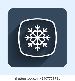 White line Snowflake icon isolated with long shadow background. Merry Christmas and Happy New Year. Blue square button. Vector