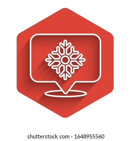White line Snowflake with speech bubble icon isolated with long shadow. Merry Christmas and Happy New Year. Red hexagon button. Vector Illustration