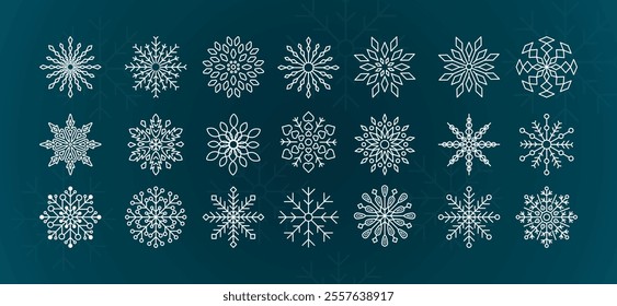 White line snowflakes vector set for winter design element. Silhouette snowflakes isolated on turquoise background. Freeze symbol icon collection. Snow Ice crystal shape graphic.