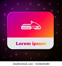 White line Snowmobile icon isolated on black background. Snowmobiling sign. Extreme sport. Rectangle color button. Vector Illustration