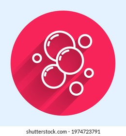 White line Soap water bubbles. icon isolated with long shadow. Red circle button. Vector