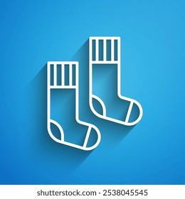 White line Socks icon isolated on blue background. Long shadow. Vector