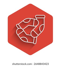 White line Socks icon isolated with long shadow. Red hexagon button. Vector