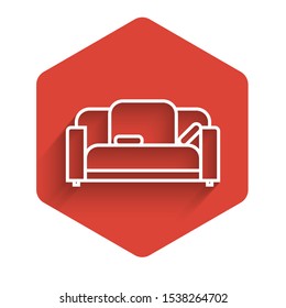 White line Sofa icon isolated with long shadow. Red hexagon button. Vector Illustration