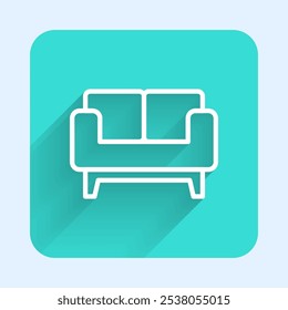 White line Sofa icon isolated with long shadow background. Green square button. Vector