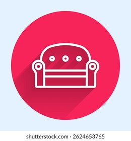White line Sofa icon isolated with long shadow background. Red circle button. Vector