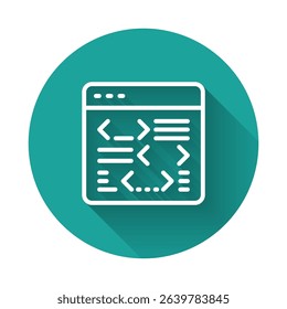 White line Software, web developer programming code icon isolated with long shadow background. Javascript computer script random parts of program code. Green circle button. Vector