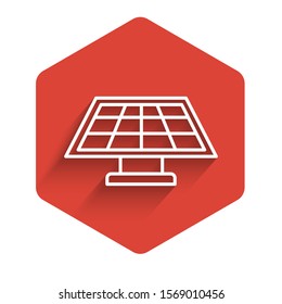 White line Solar energy panel icon isolated with long shadow. Red hexagon button. Vector Illustration