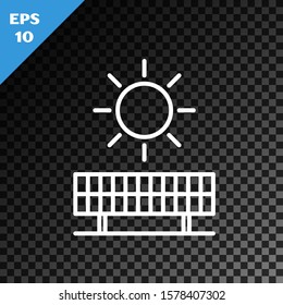 White line Solar energy panel and sun icon isolated on transparent dark background.  Vector Illustration