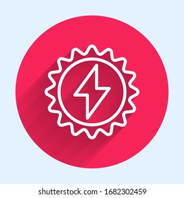 White line Solar energy panel icon isolated with long shadow. Sun with lightning symbol. Red circle button. Vector Illustration