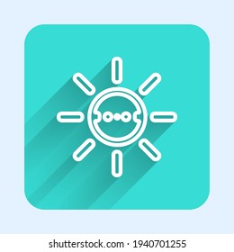 White line Solar energy panel icon isolated with long shadow. Sun with lightning symbol. Green square button. Vector