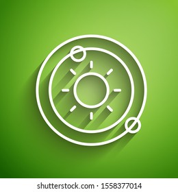 White line Solar system icon isolated on green background. The planets revolve around the star.  Vector Illustration