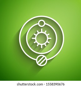 White line Solar system icon isolated on green background. The planets revolve around the star.  Vector Illustration