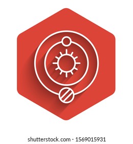 White line Solar system icon isolated with long shadow. The planets revolve around the star. Red hexagon button. Vector Illustration