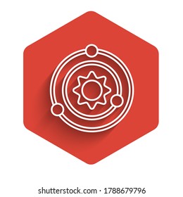 White line Solar system icon isolated with long shadow. The planets revolve around the star. Red hexagon button. Vector