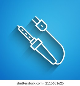 White line Soldering iron icon isolated on blue background. Long shadow. Vector