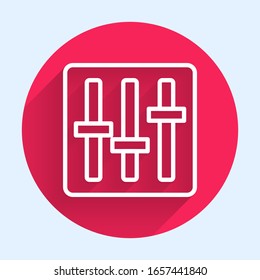 White line Sound mixer controller icon isolated with long shadow. Dj equipment slider buttons. Mixing console. Red circle button. Vector Illustration