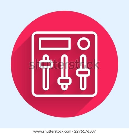White line Sound mixer controller icon isolated with long shadow. Dj equipment slider buttons. Mixing console. Red circle button. Vector