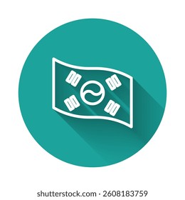 White line South Korea flag icon isolated with long shadow background. Green circle button. Vector