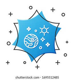 White line Space and planet icon isolated on white background. Planets surface with craters, stars and comets. Blue hexagon button. Vector Illustration