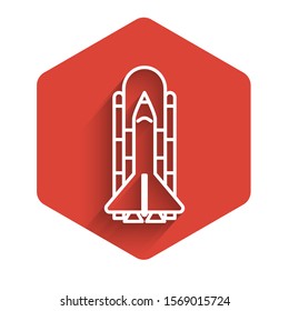 White line Space shuttle and rockets icon isolated with long shadow. Red hexagon button. Vector Illustration