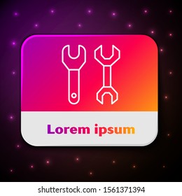 White line Spanner icon isolated on black background. Rectangle color button. Vector Illustration
