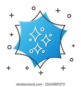 White line Sparkle stars with magical glitter particles icon isolated on white background. Magic christmas decoration. Blue hexagon button. Vector Illustration