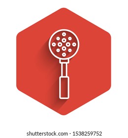 White line Spatula icon isolated with long shadow. Kitchen spatula icon. BBQ spatula sign. Barbecue and grill tool. Red hexagon button. Vector Illustration