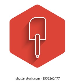 White line Spatula icon isolated with long shadow. Kitchen spatula icon. BBQ spatula sign. Barbecue and grill tool. Red hexagon button. Vector Illustration
