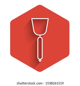 White line Spatula icon isolated with long shadow. Kitchen spatula icon. BBQ spatula sign. Barbecue and grill tool. Red hexagon button. Vector Illustration