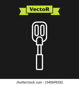 White line Spatula icon isolated on black background. Kitchen spatula icon. BBQ spatula sign. Barbecue and grill tool.  Vector Illustration