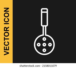 White line Spatula icon isolated on black background. Kitchen spatula icon. BBQ spatula sign. Barbecue and grill tool.  Vector