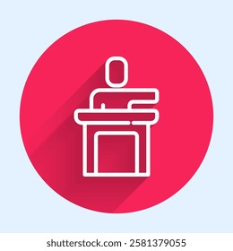 White line Speaker icon isolated with long shadow. Orator speaking from tribune. Public speech. Person on podium. Red circle button. Vector