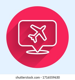 White line Speech bubble with airplane travel icon isolated with long shadow. Plane flight transport sign. Holidays symbol. Red circle button. Vector Illustration