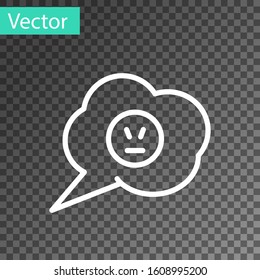 White line Speech bubble with angry smile icon isolated on transparent background. Emoticon face.  Vector Illustration