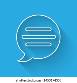 White line Speech bubble chat icon isolated with long shadow. Message icon. Communication or comment chat symbol.  Vector Illustration