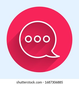 White line Speech bubble chat icon isolated with long shadow. Message icon. Communication or comment chat symbol. Red circle button. Vector Illustration