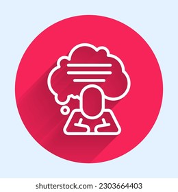 Icono de chat de la burbuja de la línea blanca de voz aislado con una sombra larga. Icono de mensaje. Símbolo de chat de comunicación o comentario. Botón de círculo rojo. Vector