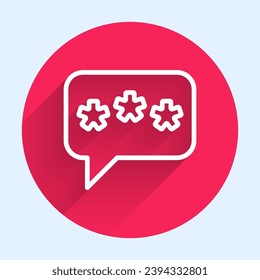 White line Speech bubble chat icon isolated with long shadow background. Message icon. Communication or comment chat symbol. Red circle button. Vector
