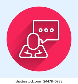 White line Speech bubble chat icon isolated with long shadow. Message icon. Communication or comment chat symbol. Red circle button. Vector