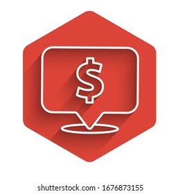 Burbuja del discurso de la línea blanca con un icono del dólar aislado con una sombra larga. Insignia por el precio. Venta con símbolo de dólar. Descuento de etiquetas promocionales. Botón hexágono rojo.  Ilustración vectorial