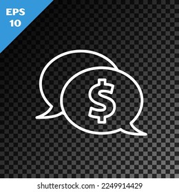 Burbuja del discurso de la línea blanca con un icono del dólar aislado en un fondo oscuro transparente. Insignia por precio. Venta con un símbolo de dólar. Descuento de etiqueta promocional.  Ilustración vectorial