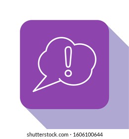 White line Speech bubble and Exclamation icon isolated on white background. FAQ sign. Copy files, chat speech bubble and chart. Purple square button. Vector Illustration