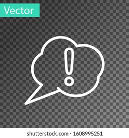 White line Speech bubble and Exclamation icon isolated on transparent background. FAQ sign. Copy files, chat speech bubble and chart.  Vector Illustration