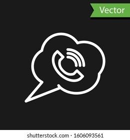 White line Speech bubble with phone call icon isolated on black background.  Vector Illustration