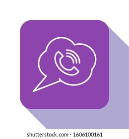 White line Speech bubble with phone call icon isolated on white background. Purple square button. Vector Illustration