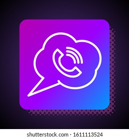 White line Speech bubble with phone call icon isolated on black background. Square color button. Vector Illustration