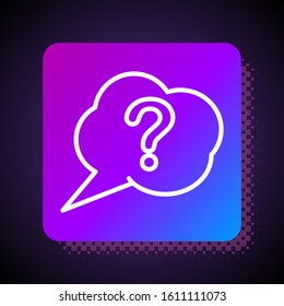White line Speech bubble and Question icon isolated on black background. FAQ sign. Copy files, chat speech bubble and chart. Square color button. Vector Illustration