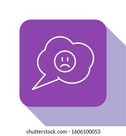 White line Speech bubble with sad smile icon isolated on white background. Emoticon face. Purple square button. Vector Illustration