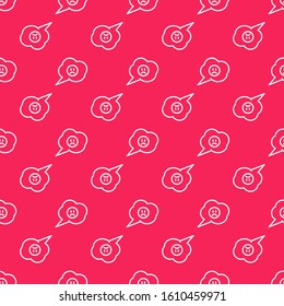 White line Speech bubble with sad smile icon isolated seamless pattern on red background. Emoticon face.  Vector Illustration